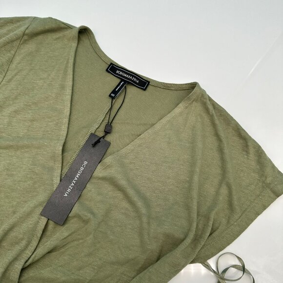BCBGMAXAZRIA Women's Relaxed Linen Knot‎ Front Wrap V Neck Top, Size XXS, Green - Picture 3 of 12